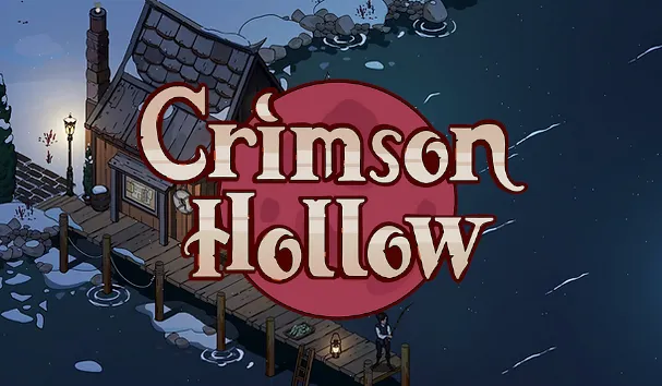Crimson Hollow logo over a snowy village at night